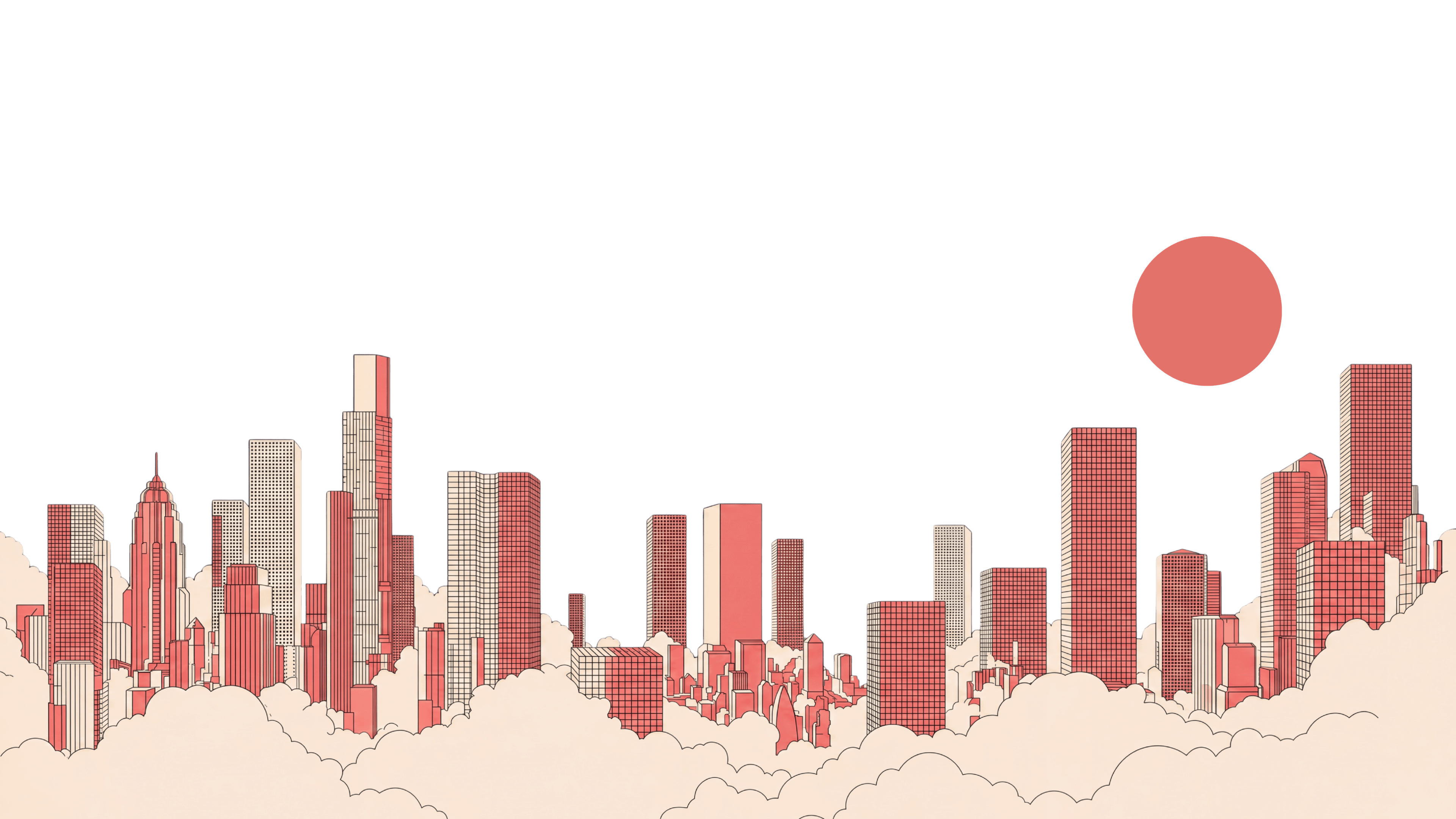 Coral skyscrapers rising through cream clouds beneath a red sun